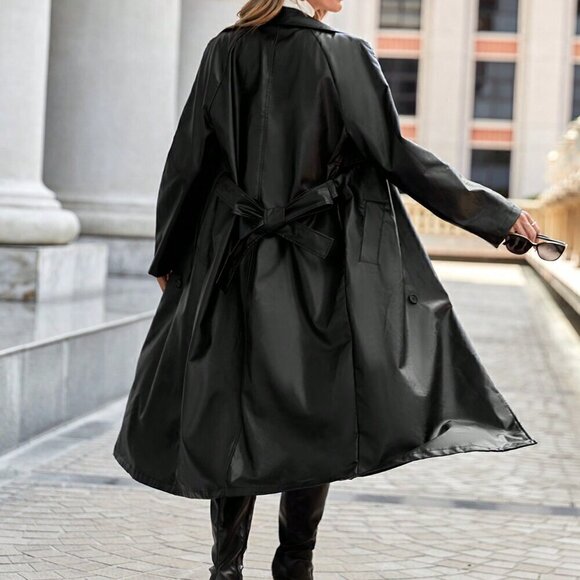 Black Casual Women's Lapel Neck Double Breasted Belted Pu Leather Coat - Picture 2 of 7